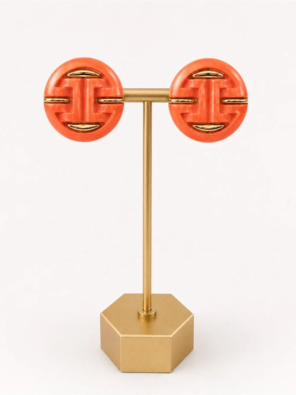 Vintage Coral Lucite Clip-On‎ Earrings Gold Tone Geometric Mod Retro 1980s